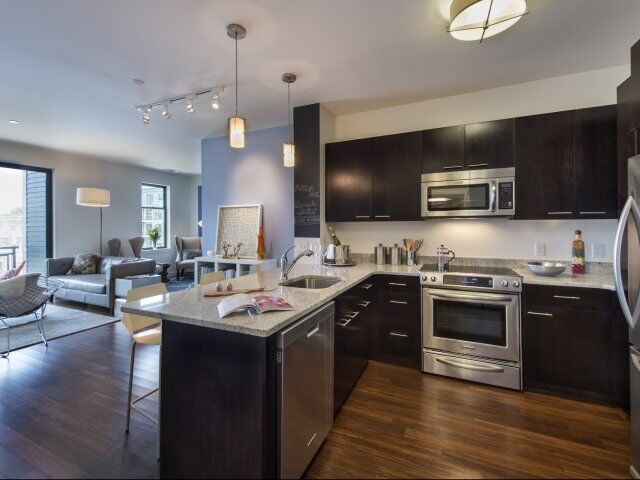 Modern kitchen with dark cabinetry in a new-construction Somerville apartment
