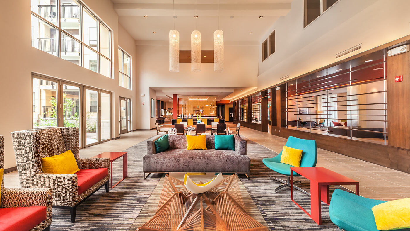 Light-filled common lounge in a luxury residential building